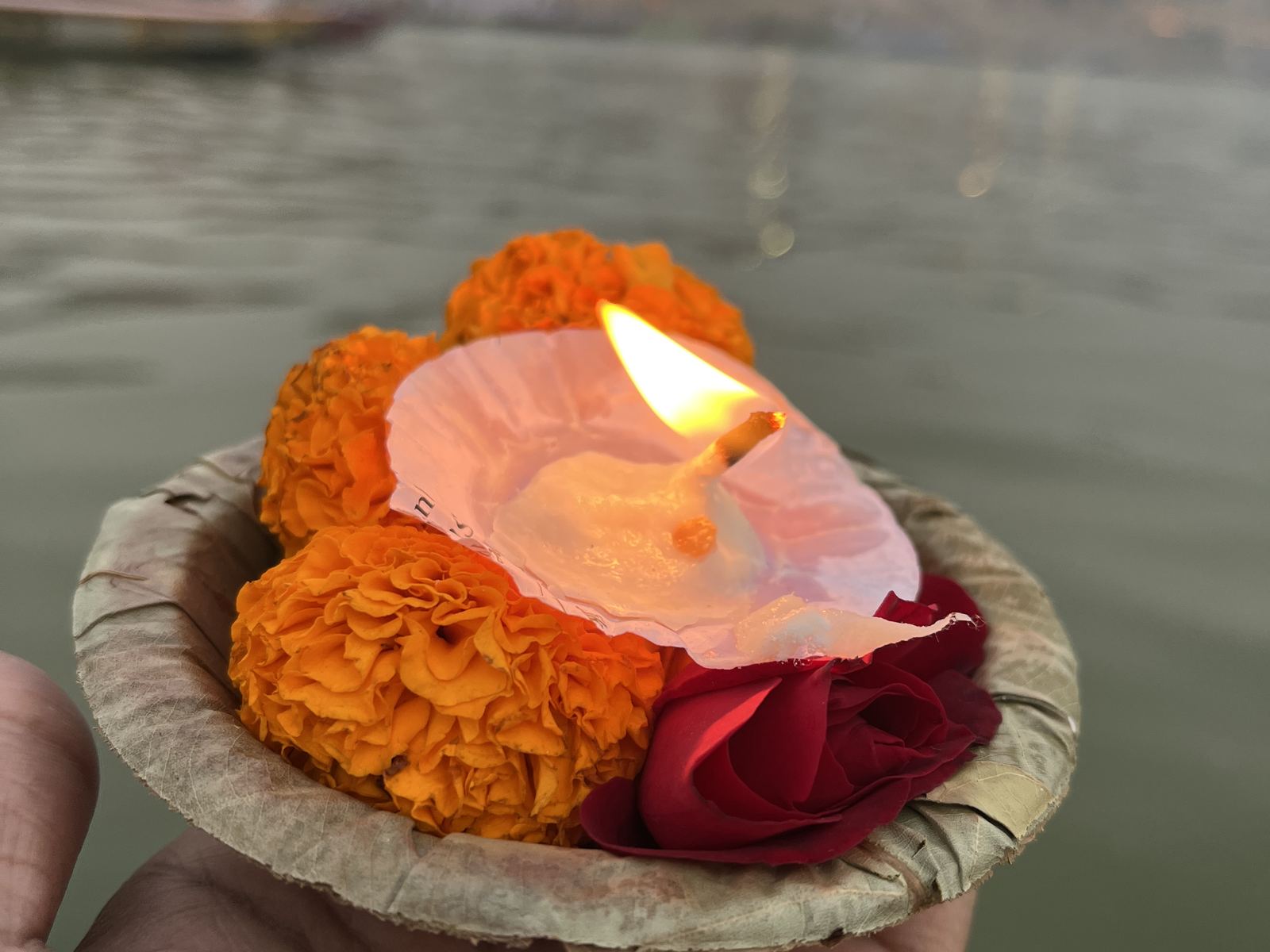 Ofrenda de diya con calendulas y petalos de rosa sobre el Ganges, en Varanasi