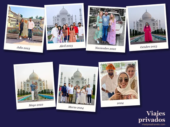 Collage estilo polaroid de siete viajes privados con Mariposa Travels: grupos, parejas y familias en el Taj Mahal, el Rambagh Palace de Jaipur y otros lugares de la India