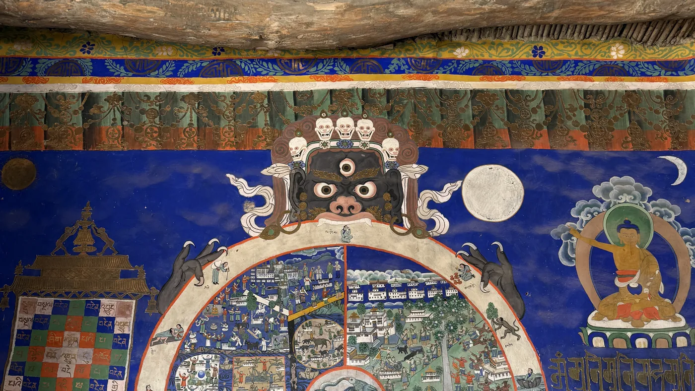 Mural de la rueda de la vida en un monasterio de Ladakh